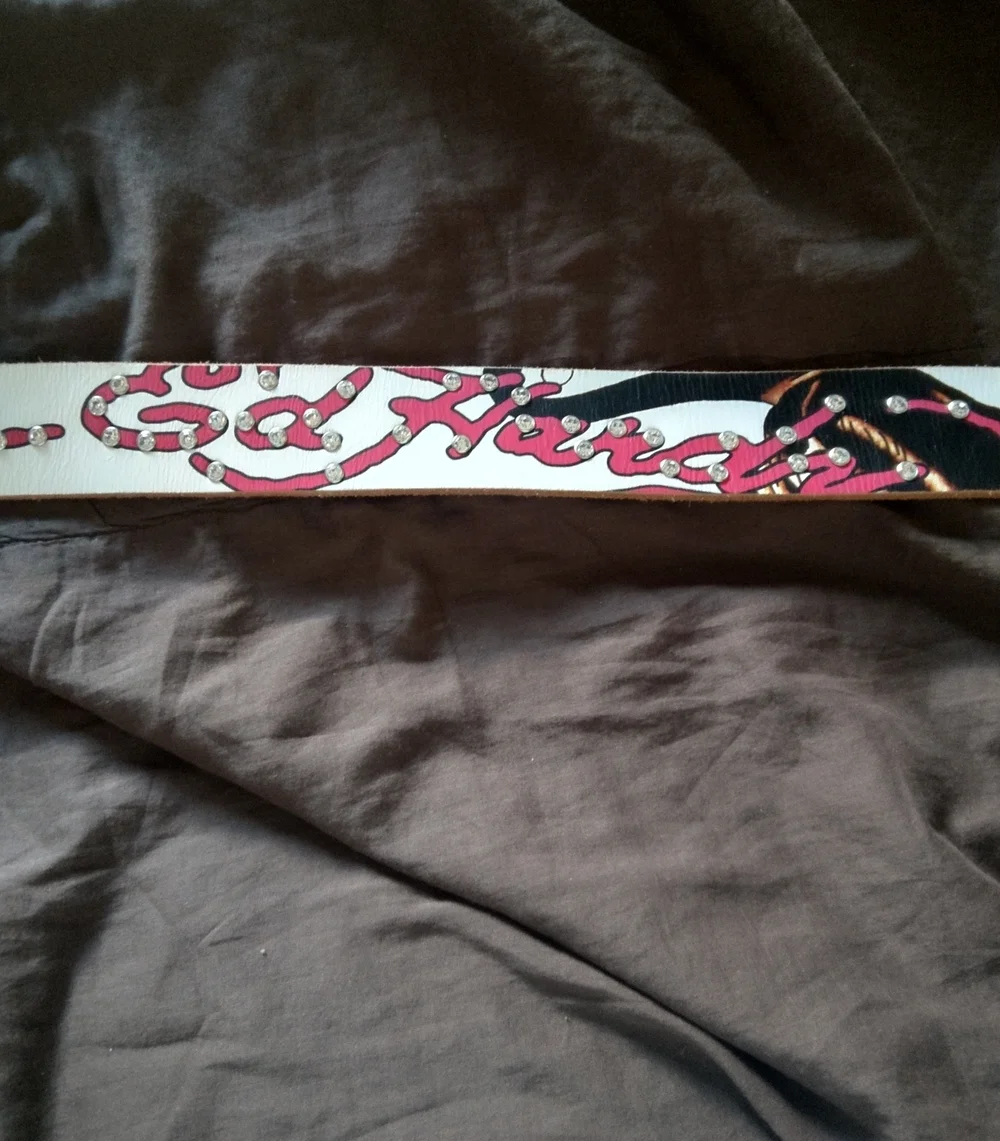 Ed Hardy TIGER Vintage White Belt with Pink Accents, Studs and Rhinestone Buckle